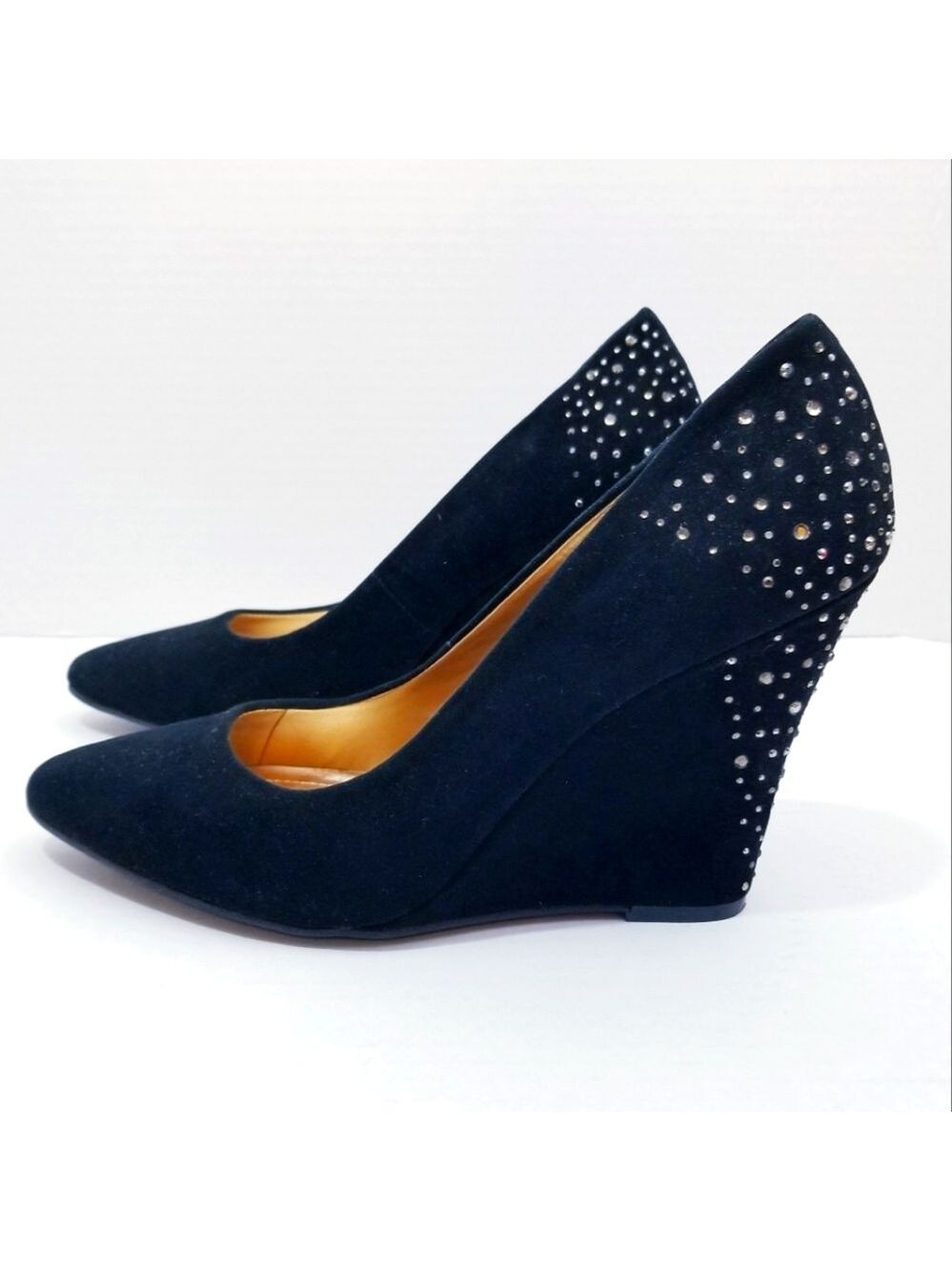 BCBGeneration Black Suede Rhinestone Embellished Wedges, Size 10B